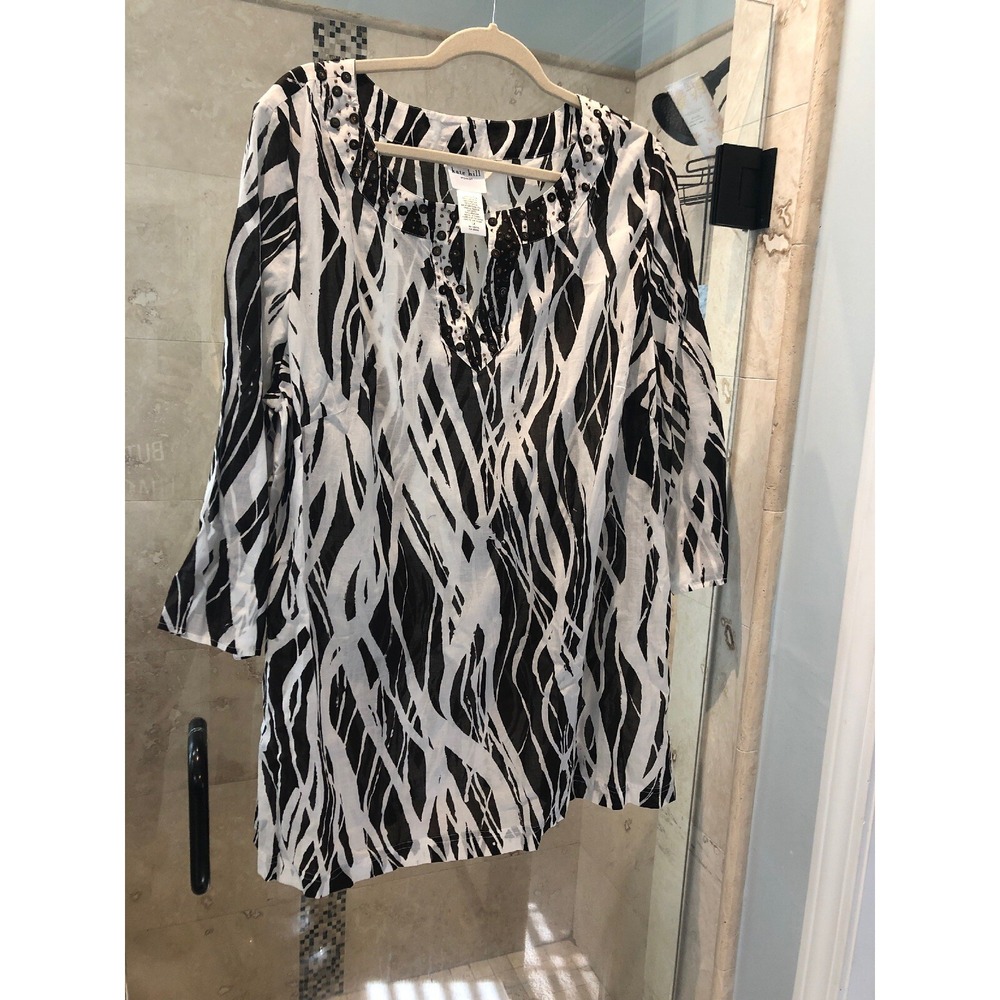 KATE HILL Womens Bamboo White Brown Cotton Sheer Tunic Swim Cover  Xxl 1X  NWT